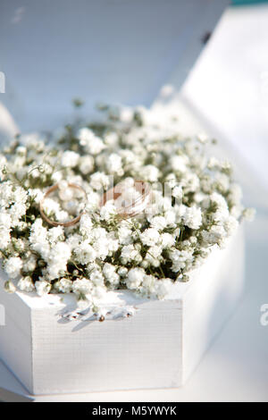 Hochzeit goldene Ringe in den weißen Holzkasten mit Blumen Stockfoto