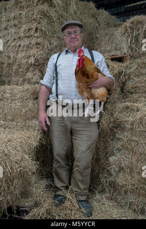 Eine weiße älteren Landwirt steht in einem seiner Scheunen mit Stroh/Heu als Hintergrund, die ein Huhn Stockfoto