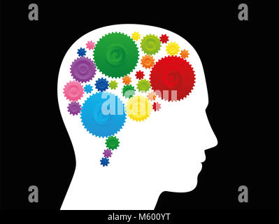 Denken Gehirn. Intelligenz, Kreativität und Einfallsreichtum, mit einem Gehirn mit bunten Zahnrädern abgebildet Abbildung auf schwarzen Hintergrund. Stockfoto
