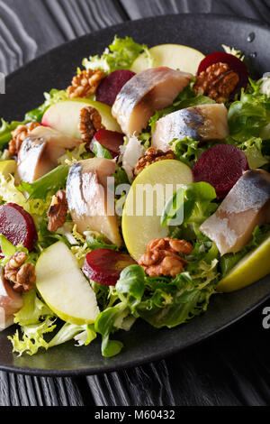 Lecker Salat mit geräucherter Makrele, Apfel, Nussbaum, rote Beete und Kopfsalat close-up auf dem Teller auf dem Tisch. Vertikale Stockfoto