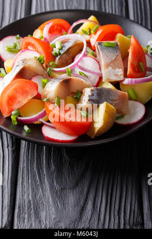 Salat von Gemüse mit geräucherter Makrele close-up auf einem Teller auf dem Tisch. Vertikale Stockfoto