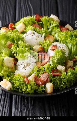 Gourmet Salat Lyonnaise mit Salat, knusprigem Speck, Croutons und pochierte Eier close-up auf einem Teller auf den Tisch. Vertikale Stockfoto