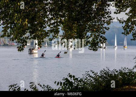 Der Baldeneysee, ein Reservoir der Ruhr in Essen, Deutschland, Segelboote, Kajaks, Stockfoto