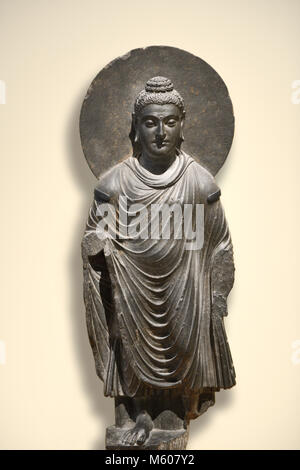 Stehender Buddha Shakyamuni Stein Skulptur in grauer Schiefer mit Halo, urna Stirn mark, ushnisha head Bump- und griechisch-römischen Toga Stockfoto