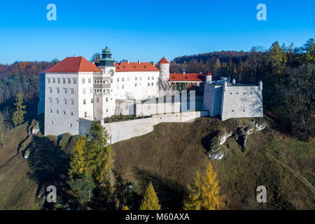 Das historische Schloss Pieskowa Skala auf einem felsigen Hügel in der Nähe von Krakau in Polen. Luftaufnahme im Herbst. Stockfoto