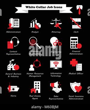 Vector Illustration Bereit-zu-Einsatz 16 White Collar Jobs - Weiß und Rot Flachbild Symbole als mehrere Berufe in der beruflichen, unternehmerischen, Admin beteiligt Stock Vektor
