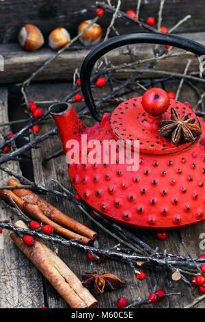 Rot Metall Wasserkocher, Zweige mit Beeren auf hölzernen Hintergrund Stockfoto