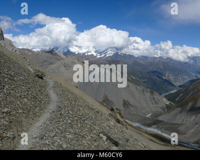 Berg weg zum Tilicho See von wunderschönen schneebedeckten Himalaya, Annapurna Circuit Trek in Nepal umgeben Stockfoto