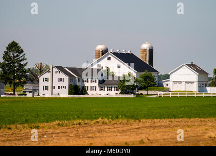 Amish Farm und Haus mit weißem Zaun an einem sonnigen Sommertag in Lancaster, PA Stockfoto