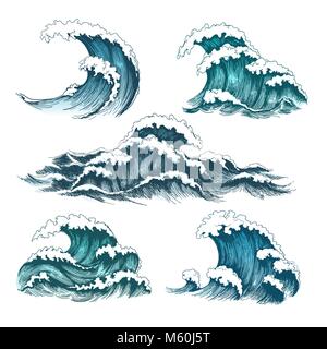 Wellen des Meeres. Vintage cartoon Meer Gezeiten Storm Wellen isoliert auf weißem Hintergrund für das Surfen und Seascape, Vector Illustration Stock Vektor