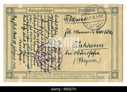 Rückseite des Alten Deutschen Weltkrieg eine Postkarte (M60 J7H) schreiben in schwarzer Tinte geschrieben, mit Poststempel der militärischen Einheit Bayerische F.L.A.K Bat 38 6.12.1916 Stockfoto