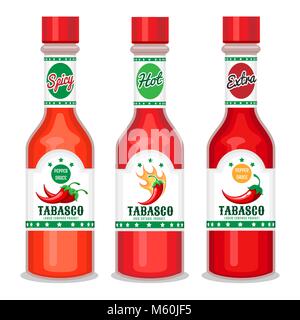 Tabasco Sauce. Chili cayenne würzige Sauce, grüne und rote Flasche Vector Illustration Stock Vektor