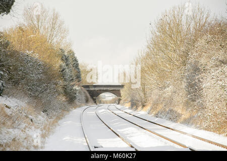 Gleise laufen durch Cherry Willingham, in der Nähe von Lincoln, im Schnee bedeckt wie Bäume die Route. Bild: Chris Vaughan Fotografie Stockfoto