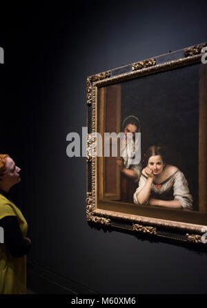 National Gallery, London, UK. 27. Februar 2018. Murillo: Die Selbstporträts. Eine Ausstellung des 400. Jahrestages der Geburt des Bartolomé Esteban Murillo, die Wiedervereinigung des Künstlers nur zwei bekannte Selbstporträts zum ersten Mal seit über 300 Jahren. Foto: Zwei Frauen in einem Fenster, ca. 1655-1660. National Gallery, Washington, Widener Sammlung. Credit: Malcolm Park/Alamy Leben Nachrichten. Stockfoto