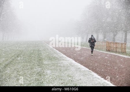 Windsor, Großbritannien. 27. Februar, 2018. Eine Frau geht auf dem Langen im Windsor Great Park in wirbelnden Schnee laufen. Credit: Mark Kerrison/Alamy leben Nachrichten Stockfoto