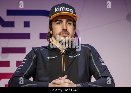 Februar 27, 2018 - Barcelona, Katalonien, Spanien - Formel 1-Fahrer und zwei Formel-1-Weltmeister Fernando Alonso auf der Bühne auf dem Mobile World Congress. (Bild: © P Freire 27022018 CBB4683.jpg /SOPA Bilder über ZUMA Draht) Stockfoto