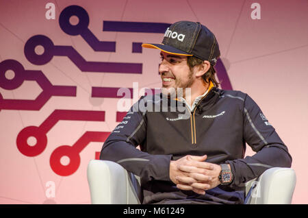 Februar 27, 2018 - Barcelona, Katalonien, Spanien - Formel 1-Fahrer und zwei Formel-1-Weltmeister Fernando Alonso auf der Bühne auf dem Mobile World Congress. (Bild: © P Freire 27022018 - CBB 4752.jpg /SOPA Bilder über ZUMA Draht) Stockfoto