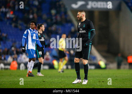 Barcelona, Spanien. 27 Feb, 2018. Real Madrid vorwärts Karim Benzema (9) während des Spiels zwischen RCD Espanyol v-Real Madrid, für die Runde 26 der Liga Santander, an RCDE Stadion am 27. Februar 2018 in Barcelona, Spanien gespielt. Credit: Gtres Información más Comuniación auf Linie, S.L./Alamy leben Nachrichten Stockfoto