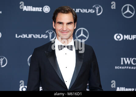 Monaco. 27 Feb, 2018. Schweizer Tennisspieler Roger Federer trifft im Jahr 2018 Laureus World Sports Awards in Monaco, Jan. 27, 2018. Credit: Ihr Pingfan/Xinhua/Alamy leben Nachrichten Stockfoto