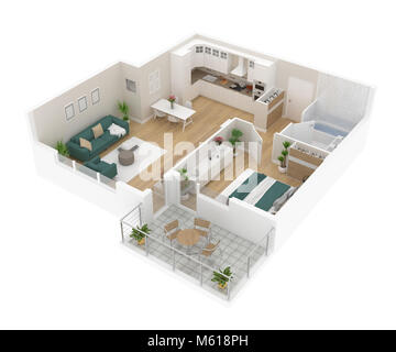 Grundriss Ansicht von oben. Apartment Innenraum auf weißem Hintergrund. 3D-Rendering Stockfoto