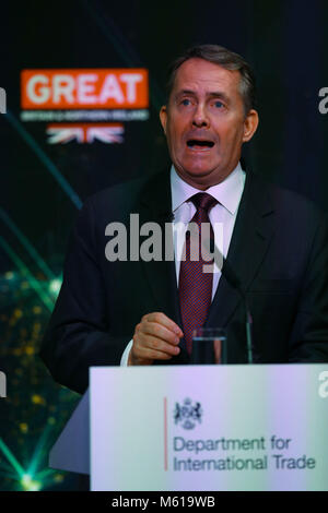 Der internationale Handel Sekretär Liam Fox liefert eine Rede über Brexit und Großbritanniens Zukunft als Global Trading Nation, an der Bloomberg London, London. Stockfoto