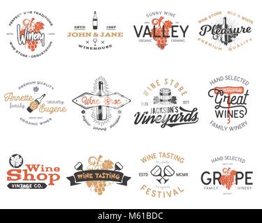 Wein Logos, Etiketten eingestellt. Weingut, Wein Shop, Wein Abzeichen Sammlung. Retro trinken Symbol. Typografische Gestaltung Wein logos Vector Illustration. Vektor Embleme auf weißem Hintergrund. Stock Vektor