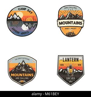 Satz von Vintage Hand gezeichnet Reisen Logos. Wandern labels Konzepte. Berg Expedition Abzeichen Designs. Trekking reisen Logos, Firmenschriftzüge Sammlung. Vektor retro Flecken auf weißem Hintergrund Stock Vektor