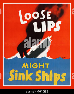 Vintage USA Poster 40er WW2 American Naval marine Propaganda cautionary Poster' lose Lippen zu sinken droht Schiffe" (Feind hört mit) Stockfoto