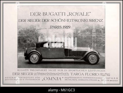 Jahrgang 1920 Plakat für 1929 Paris zeigen die Bugatti Royale motorcar Sieger der Targa Florio. Der Bugatti Typ 41, besser bekannt als der Royale, ist ein großer, preisgekrönte Auto von 1927 bis 1933 mit einem 4,3 m Radstand und 6,4 m Länge. Es wiegt ca. 3.175 kg (7.000 lb) und verwendet ein 12.763 Liter gerade-acht-Motor. Stockfoto