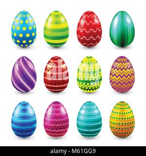 Ostern Eier gefärbt. Feder. Urlaub im April. Geschenk. Saisonale Feier. Ostereiersuche. Sonntag. Essen. Stock Vektor