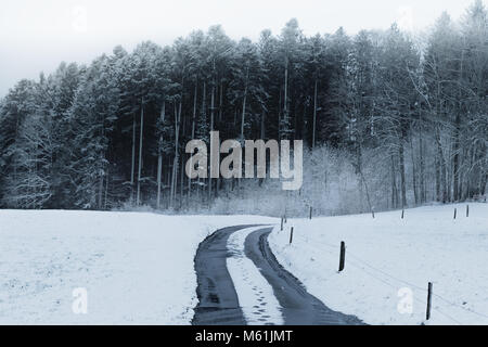 Spuren auf einer verschneiten Straße an der Landschaft Stockfoto