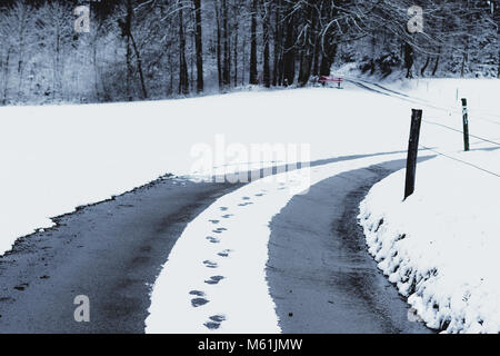 Spuren auf einer verschneiten Straße an der Landschaft Stockfoto