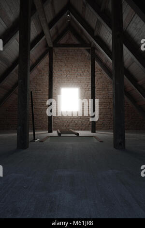 3D-Rendering des leeren Holz- Zimmer im Dachgeschoss mit Mauer Stockfoto