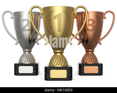 Gold, Silber, Bronze Trophy Cup auf weißem Hintergrund 3D Rendering isoliert Stockfoto