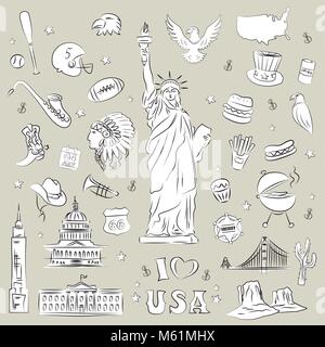 New York doodle Leitung festgelegt. Hand gezeichneten Elemente. Stock Vektor