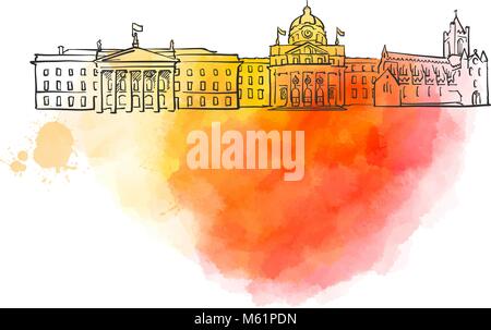 Dublin farbenfrohe Wahrzeichen Banner. Wunderschöne handgezeichnete Vektor Skizze. Reisen Illustration für Social Media Marketing und Werbung. Stock Vektor