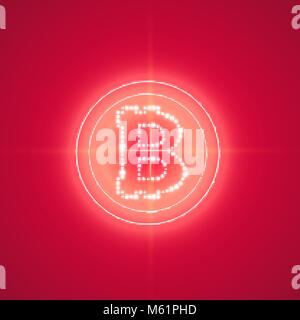 Bitcoin mit Neon Rot Ziel auf dem roten Hintergrund mit Licht. Stock Vektor