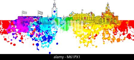 Stockholm farbenfrohe Wahrzeichen Banner. Wunderschöne handgezeichnete Vektor Skizze. Reisen Illustration für Social Media Marketing und Werbung. Stock Vektor