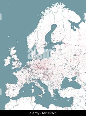 Der Bahnhof und die politische Karte von Europa und Nordafrika. Europäische Städte. Politische Karte mit den Grenzen der Staaten. Städtische Gebiete. Eisenbahn Stock Vektor