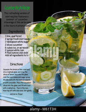 Erfrischender Cocktail Gurke Mojito und mit Zitronenscheiben und Minze. Trinken Rezept mit den Zutaten und Kochen Beschreibung. Stockfoto