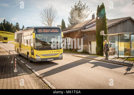 BUS: HALTESTELLE Zwing, entworfen von Smiljan Radic, Chile. Krumbach-Bushaltestellen, die von Architekten aus aller Welt entworfen wurden und auf den täglichen Mobilitätsdienst aufmerksam machen. Bregenzerwald Österreich Stockfoto