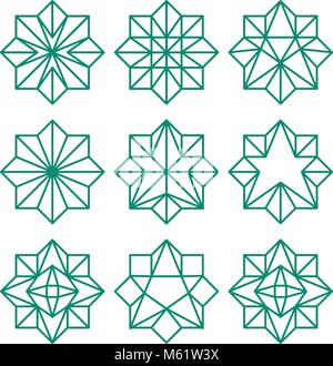 Line Art geometrische abstrakte Star Icon Sammlung. Grüne Farbe achteckigen außenkontur Sterne. Vektor polygonalen dreieckige Formen gesetzt. Stock Vektor