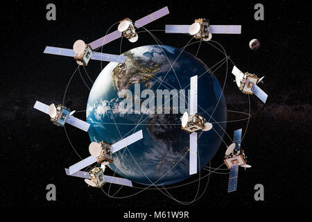 Space Satelliten in Umlaufbahnen um die Erde Globus, 3D-Rendering Stockfoto