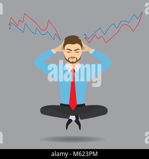 Geschäftsmann meditiert in Lotus Position. Harmonie, Entspannung, spirituelle Energie. Vektor Grafik im Comic-Stil. Stock Vektor