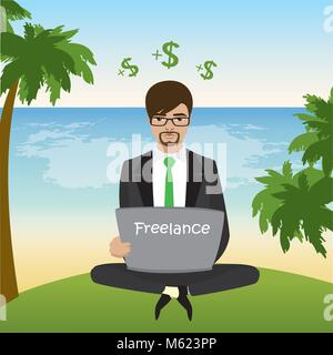 Freelancer gekleidet in Anzug sitzen am Strand im Lotussitz und arbeitet, Vector Illustration Stock Vektor