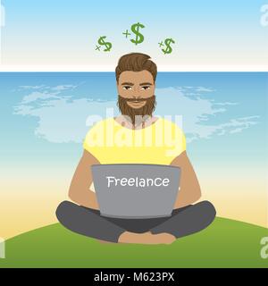 Freiberufler oder Hipster sitzend auf dem Strand im Lotussitz und arbeitet, Vector Illustration Stock Vektor