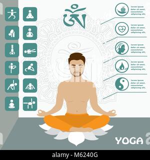 Mann sitzt im Lotussitz, yoga Infografiken und Symbol, Vector Illustration Stock Vektor