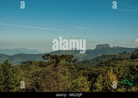 Blick auf den Wald und Peak, bekannt als "Pedra do Bau in Campos do Jordao, berühmt für seine Berge. Brasilien. Stockfoto