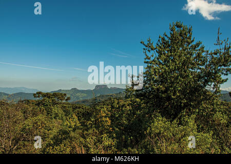 Panoramablick über Wald und Peak, bekannt als "Pedra do Bau in Campos do Jordao, berühmt für seine Berge. Brasilien. Stockfoto