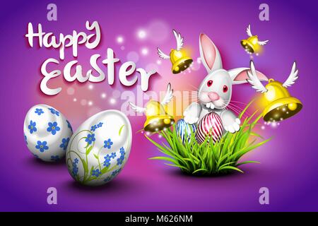 Frohe Ostern, Eier, Glocken und Kaninchen über lila Hintergrund Stock Vektor
